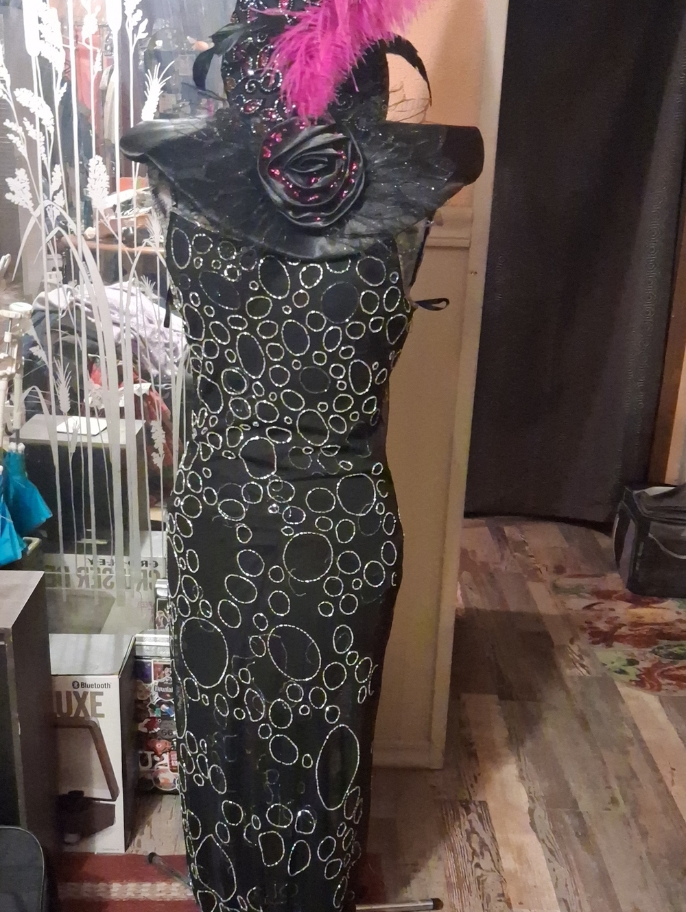 Cache Black Maxi Dress with Metallic Beaded Circle Detail & Habdmade Witch Hat!